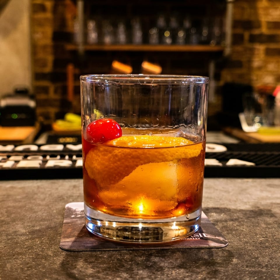 Amber cocktail with a large ice cube, orange peel, and cherry sits on a coaster at a warmly lit restaurant bar.