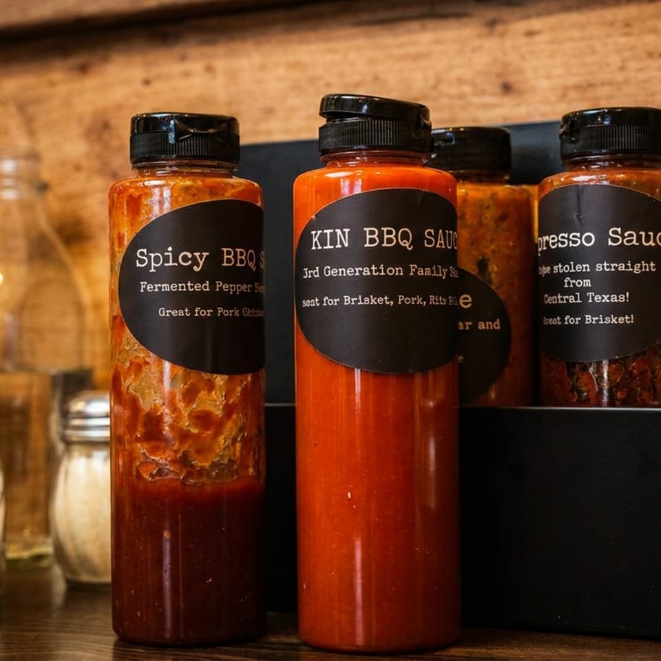 Bottles of spicy barbecue and espresso sauces displayed with seasoning jars on a rustic wooden restaurant counter.