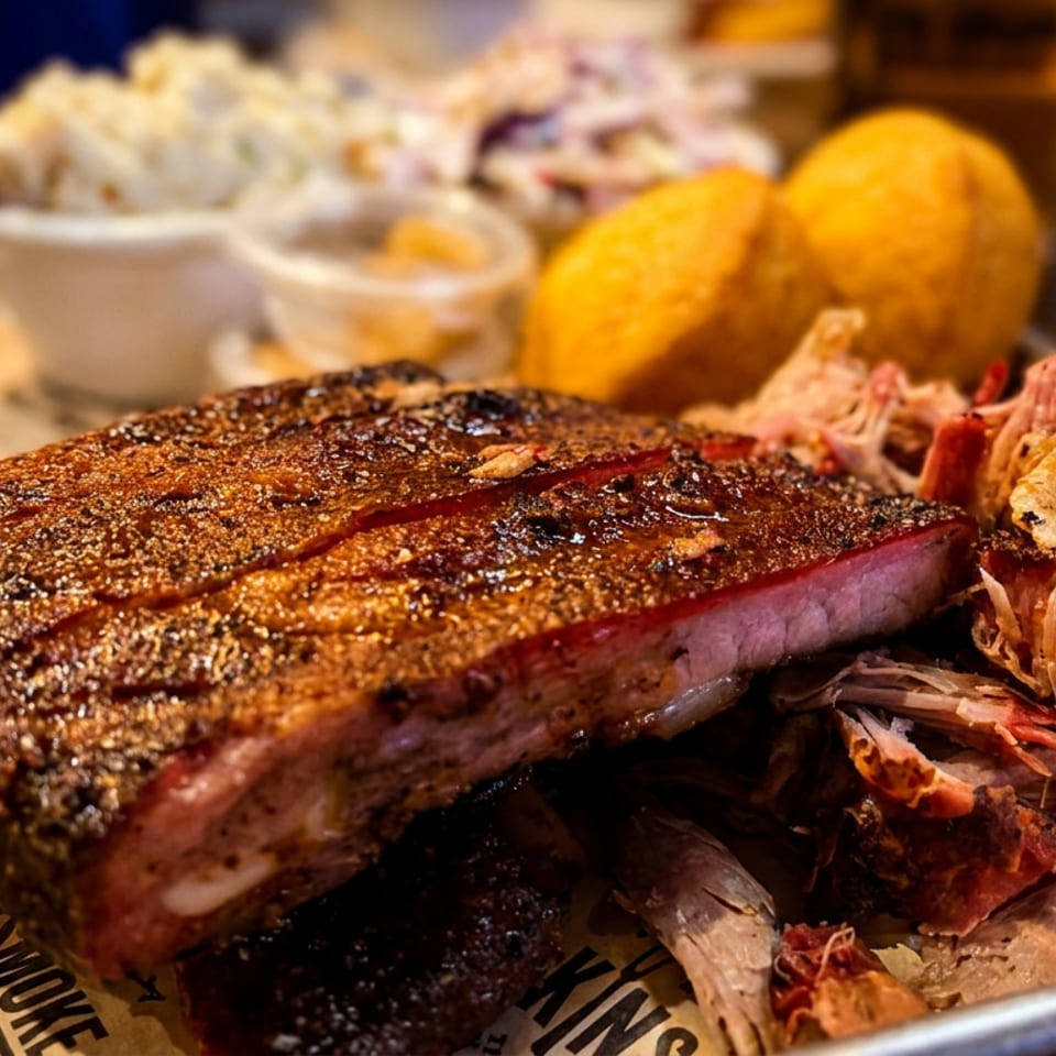 Barbecue platter featuring sliced smoked brisket, pulled meat, crispy meat pieces, lemons, and small cups of sauce.