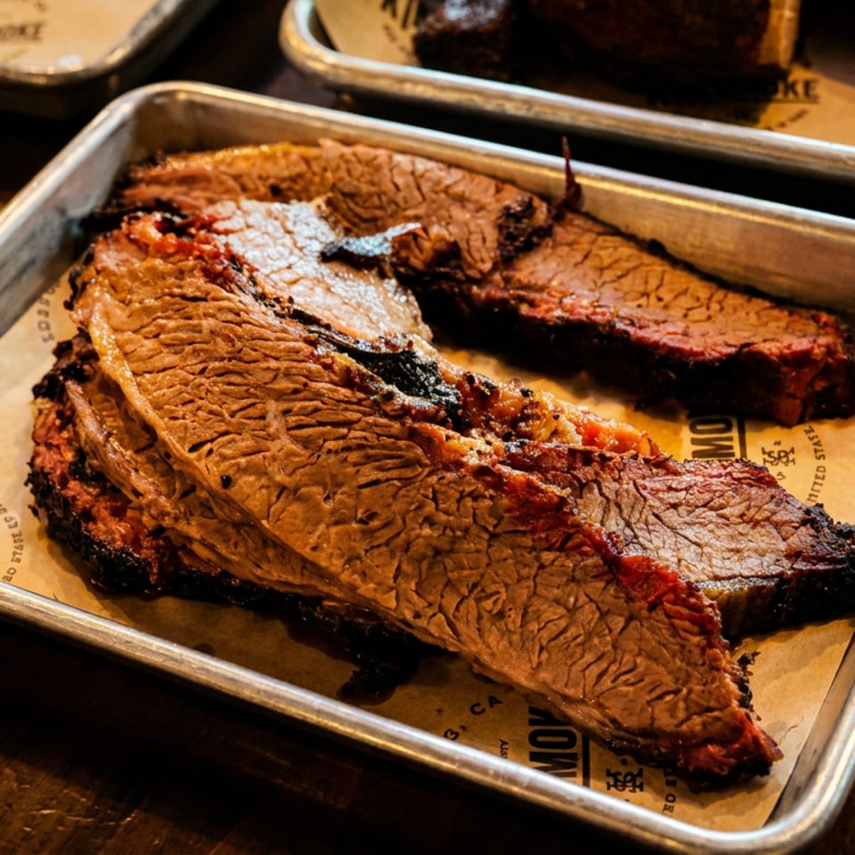 Sliced smoked brisket with dark bark rests on butcher paper in a metal serving tray on a wooden table.