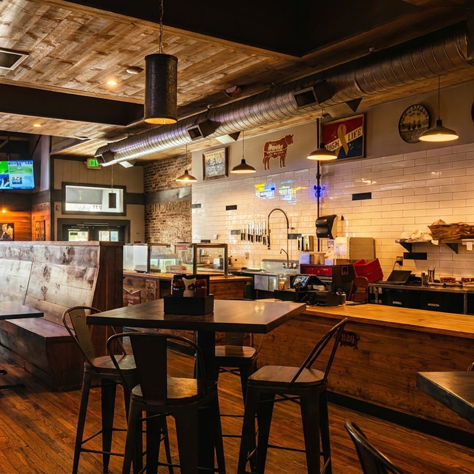 Rustic restaurant interior with wooden tables, black metal chairs, tiled bar, exposed ductwork, pendant lights, and televisions.