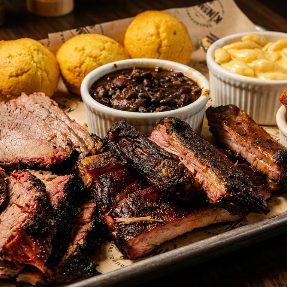 Barbecue platter with sliced brisket, ribs, cornbread, baked beans, macaroni and cheese, hush puppies, and dipping sauces.