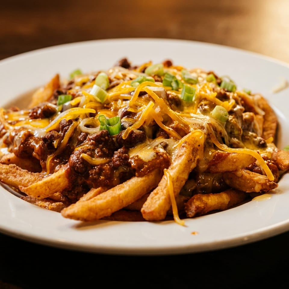 Plate of loaded fries topped with chili, melted cheese, and sliced green onions on a wooden table.