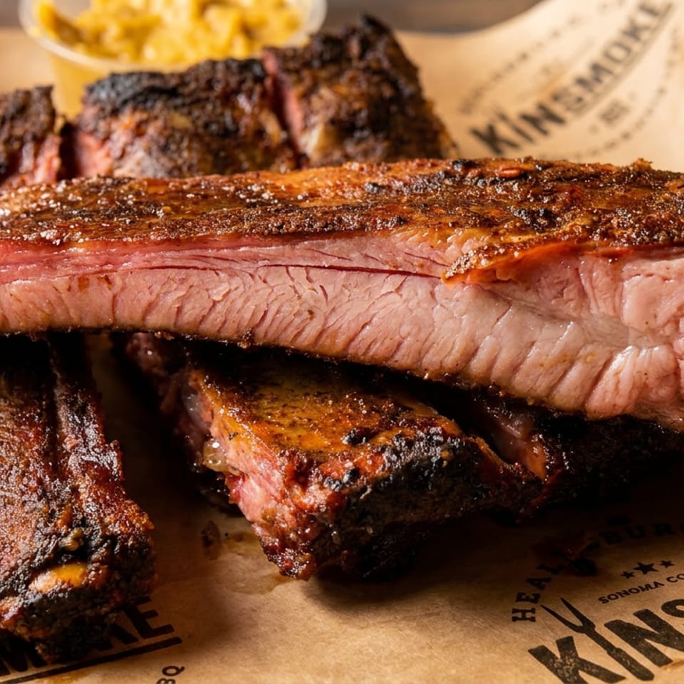 Close-up of sliced smoked beef brisket and ribs on branded butcher paper, with barbecue sauce and sides in the background.