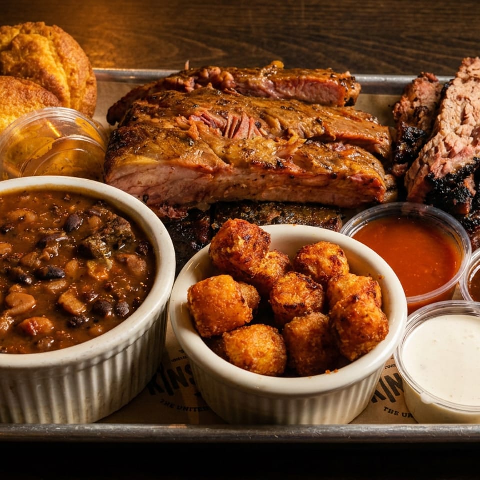 Barbecue platter with sliced smoked meats, cornbread, baked beans, fried bites, and assorted dipping sauces on a metal tray.